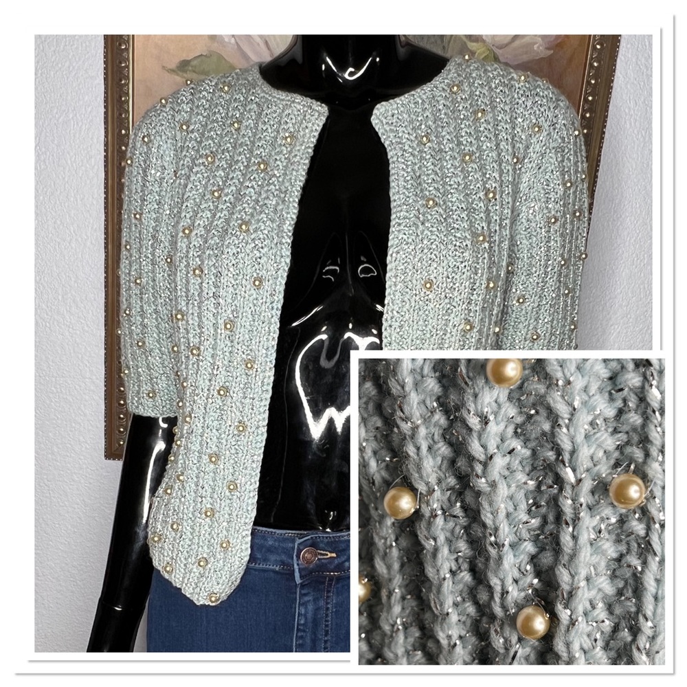 Women’s Elegant Gold Faux Pearl Covered Cardigan Teal and Silver Sweater Sz S
